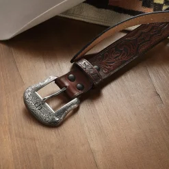 Bison Leather Tooled Tab Belt