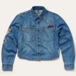 Embroidered Denim Button-Up Cropped Shirt