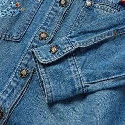 Embroidered Denim Button-Up Cropped Shirt