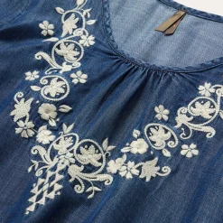 Embroidered Denim Peasant Blouse