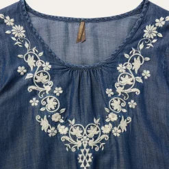 Embroidered Denim Peasant Blouse