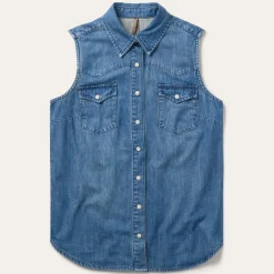 Embroidered Sleeveless Denim Shirt