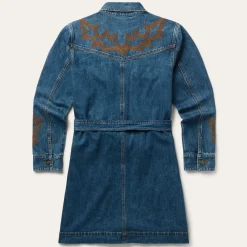 Embroidered Stretch Denim Shirt Dress