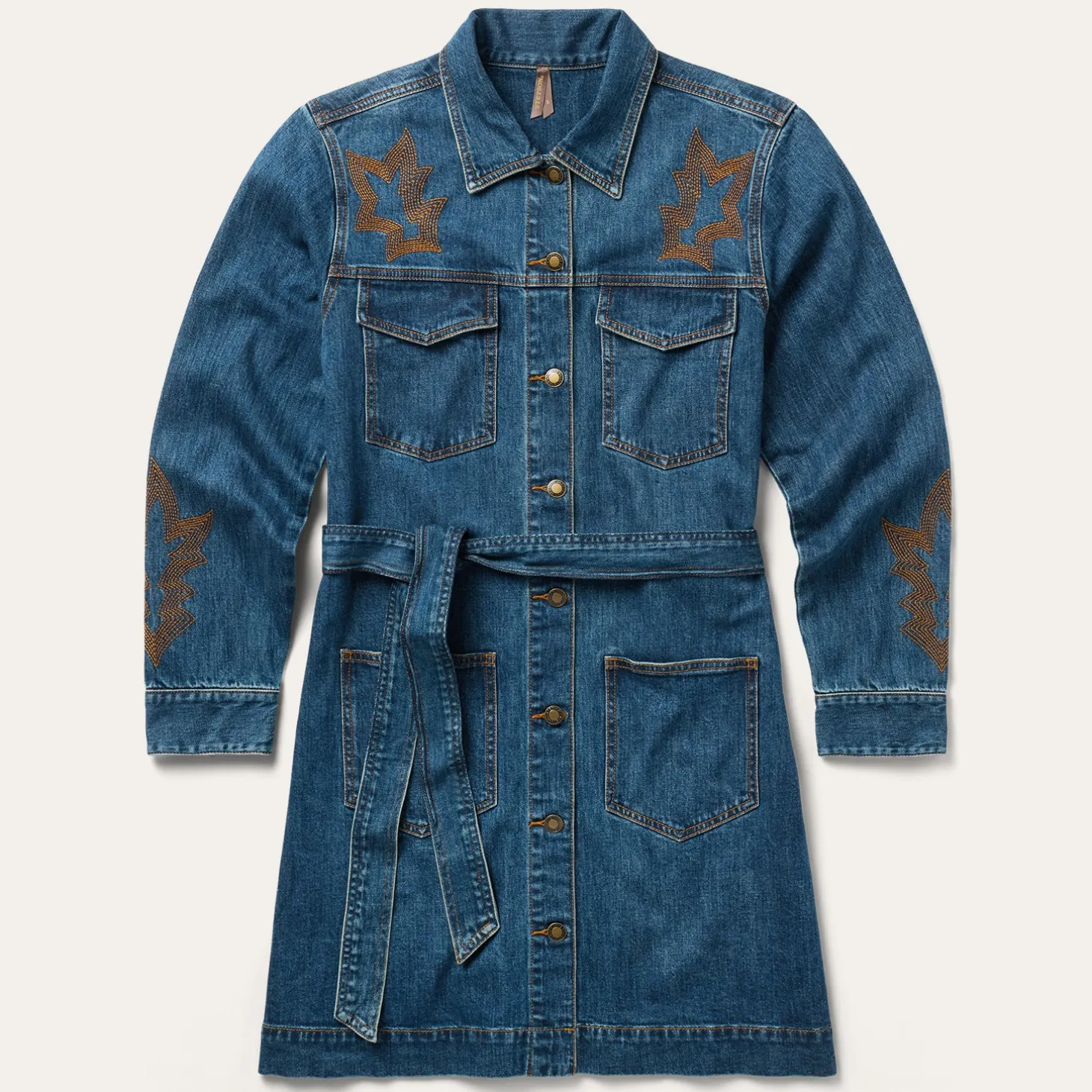 Embroidered Stretch Denim Shirt Dress