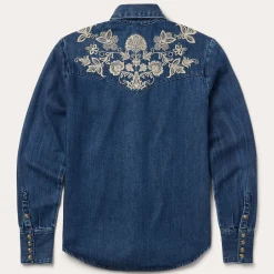 Floral Embroidered Dark Denim Shirt