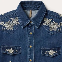 Floral Embroidered Dark Denim Shirt