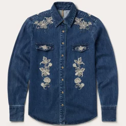 Floral Embroidered Dark Denim Shirt