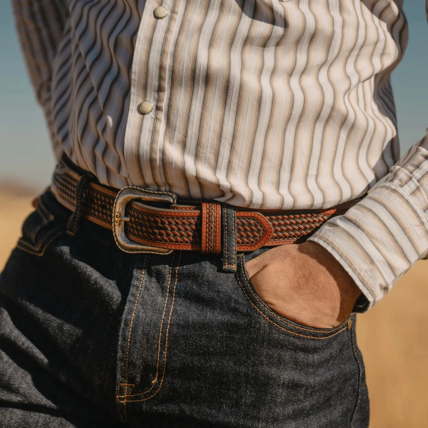 Pebble Leather Basket Weave Tabs Belt