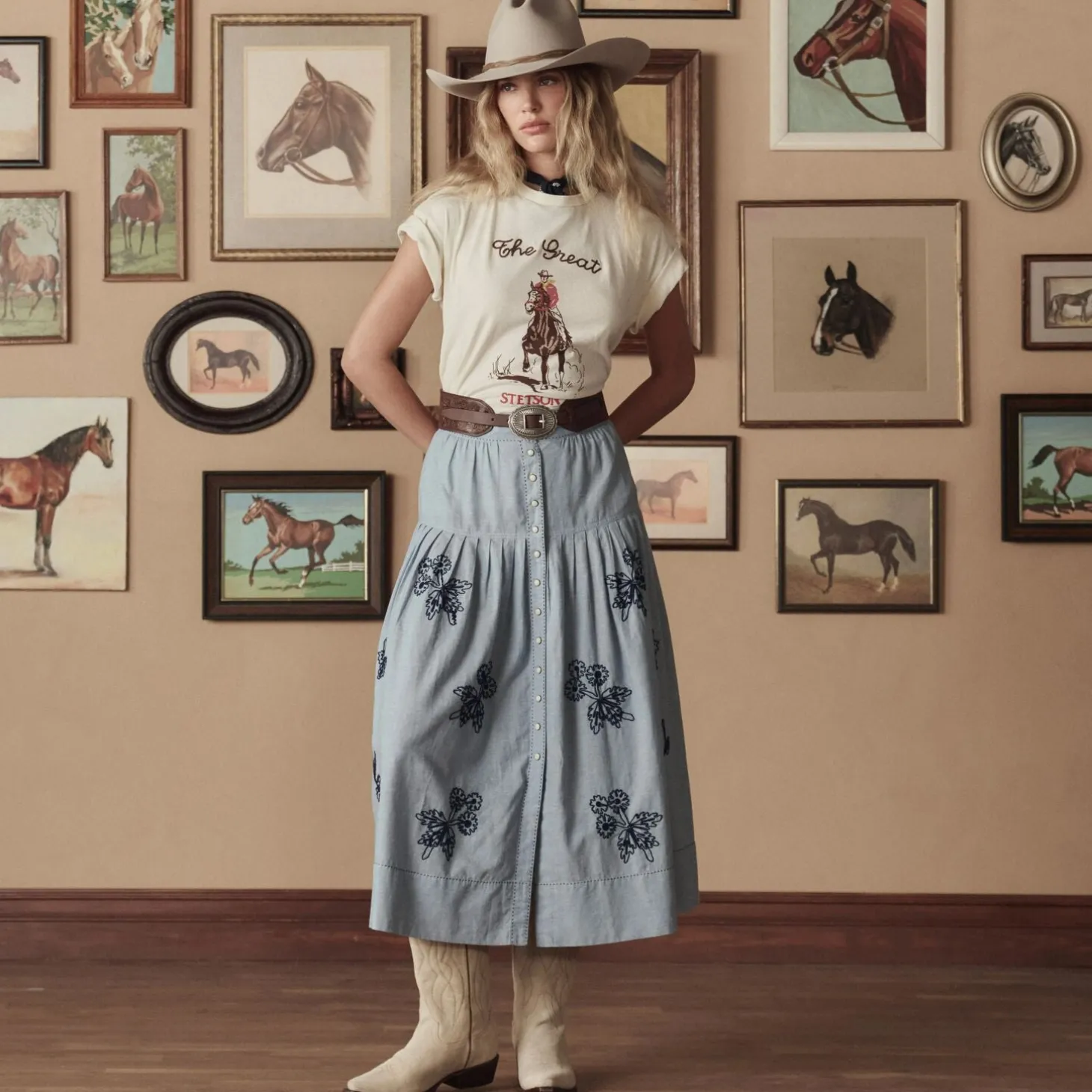 Stetson & THE GREAT. The Chambray Embroidered Highland Skirt