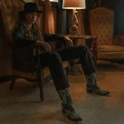 Tina Black & White Flame Embroidered Cowboy Boot