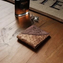 Tooled Embossed Ostrich Bi-Fold Wallet