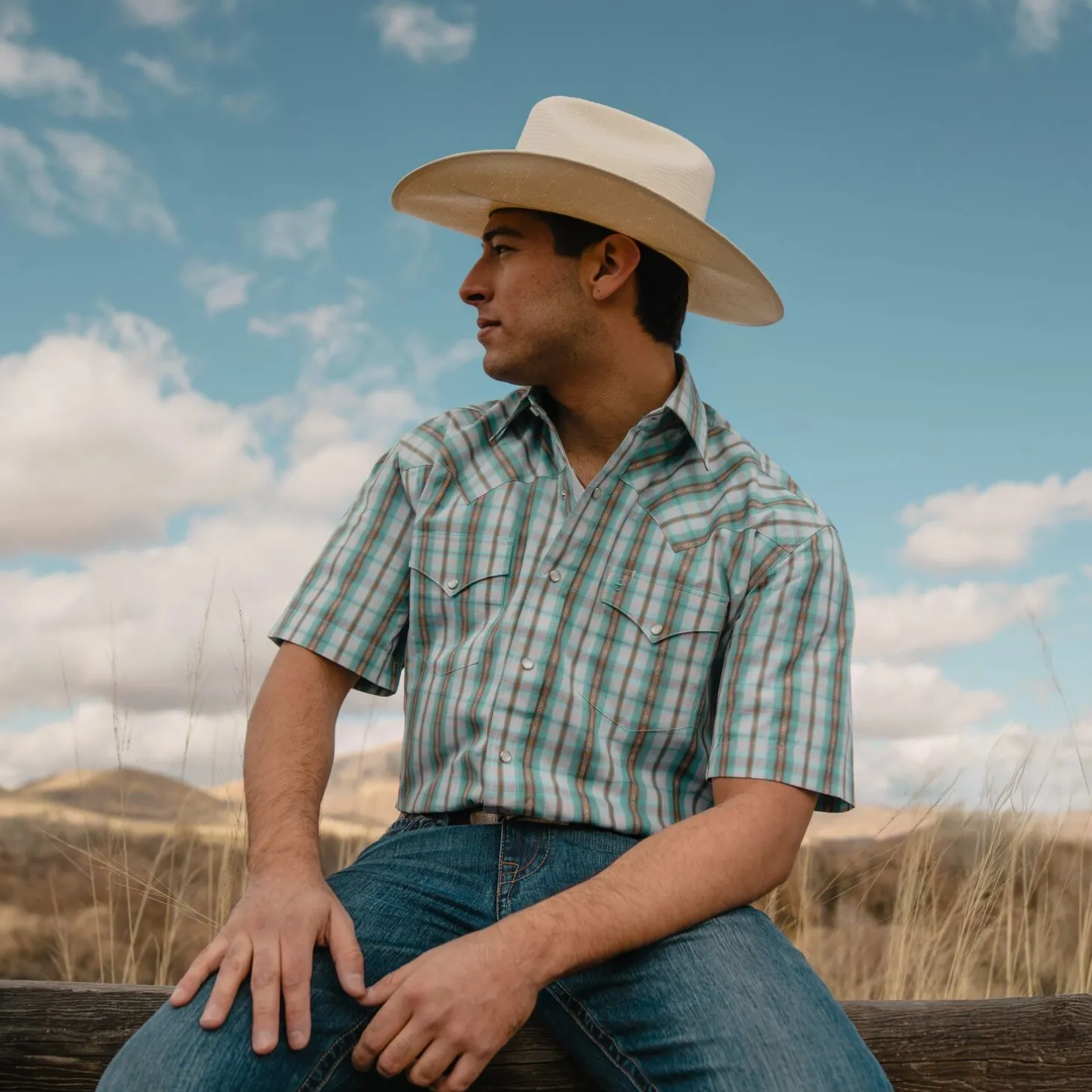 Turquoise Plaid Short-Sleeve Western Shirt